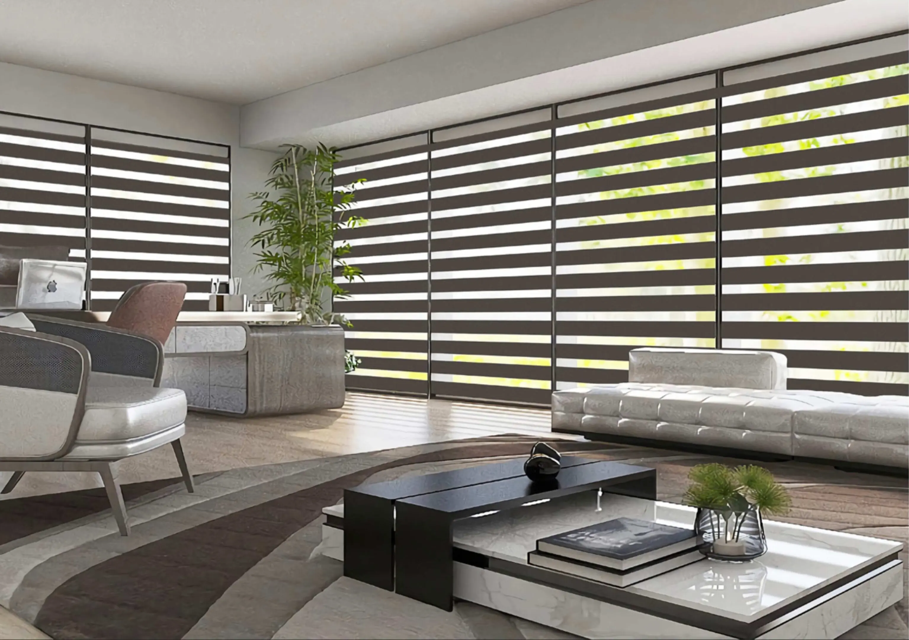 Modern living room with striped window blinds and sleek furnishings.