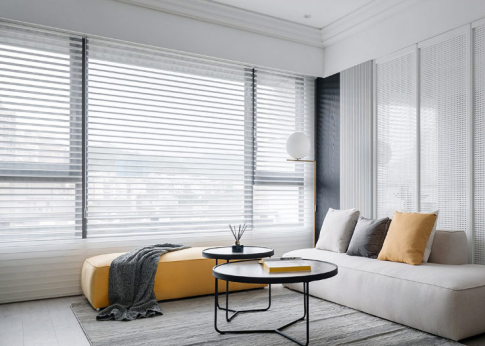 Modern living room with large windows and cozy seating.