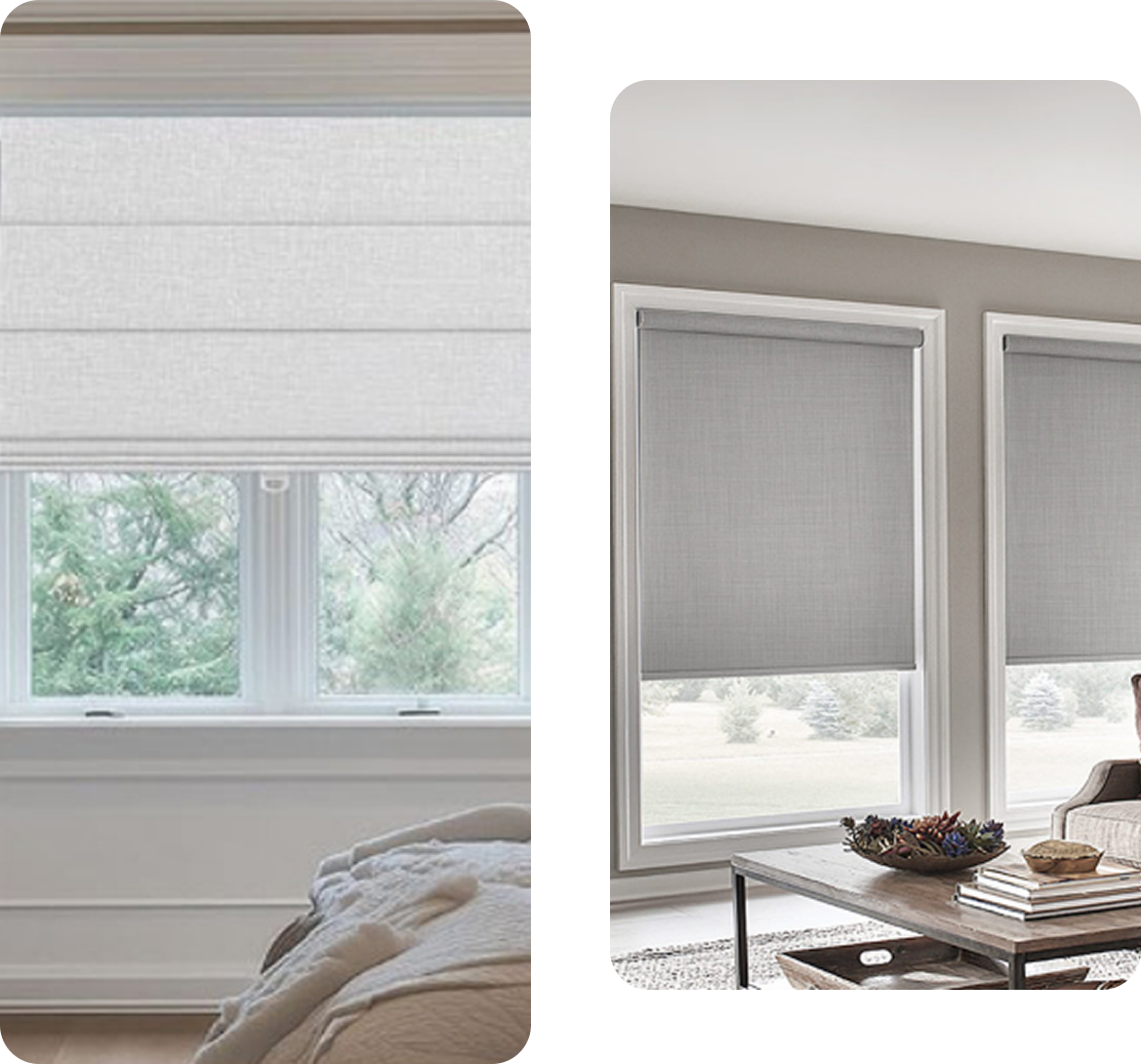 Two bedrooms with large windows and modern blinds, showcasing different lighting and decor.
